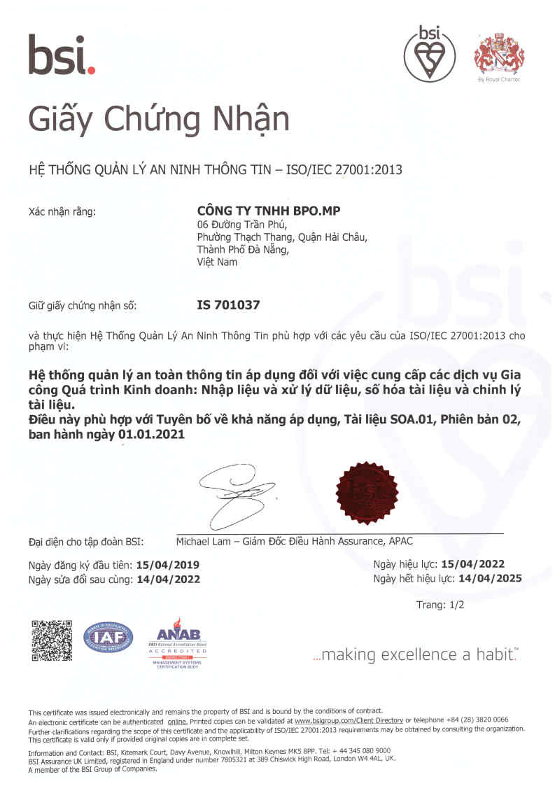 BPO.MP ĐẠT CHỨNG NHẬN TIÊU CHUẨN AN TOÀN THÔNG TIN ISO/IEC 27001:2013