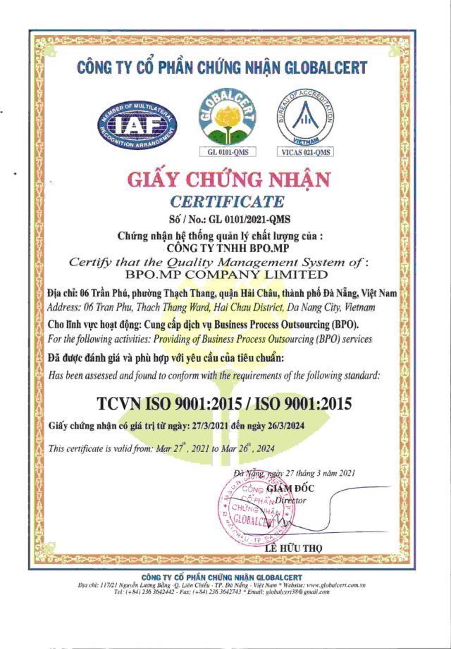 BPO.MP ĐẠT CHỨNG NHẬN ISO 9001:2015 VỀ HỆ THỐNG QUẢN LÝ CHẤT LƯỢNG