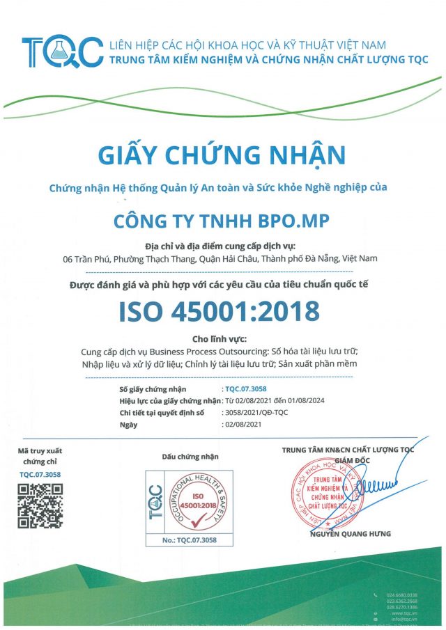 BPO.MP ĐẠT CHỨNG NHẬN HỆ THỐNG QUẢN LÝ AN TOÀN & SỨC KHỎE NGHỀ NGHIỆP ISO 45001:2018