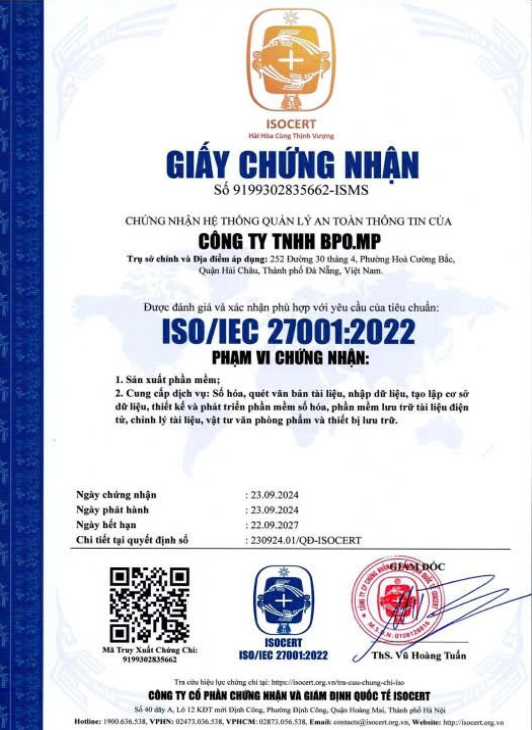 BPO.MP ĐẠT CHỨNG NHẬN HỆ THỐNG QUẢN LÝ AN TOÀN THÔNG TIN ISO/IEC 27001:2022